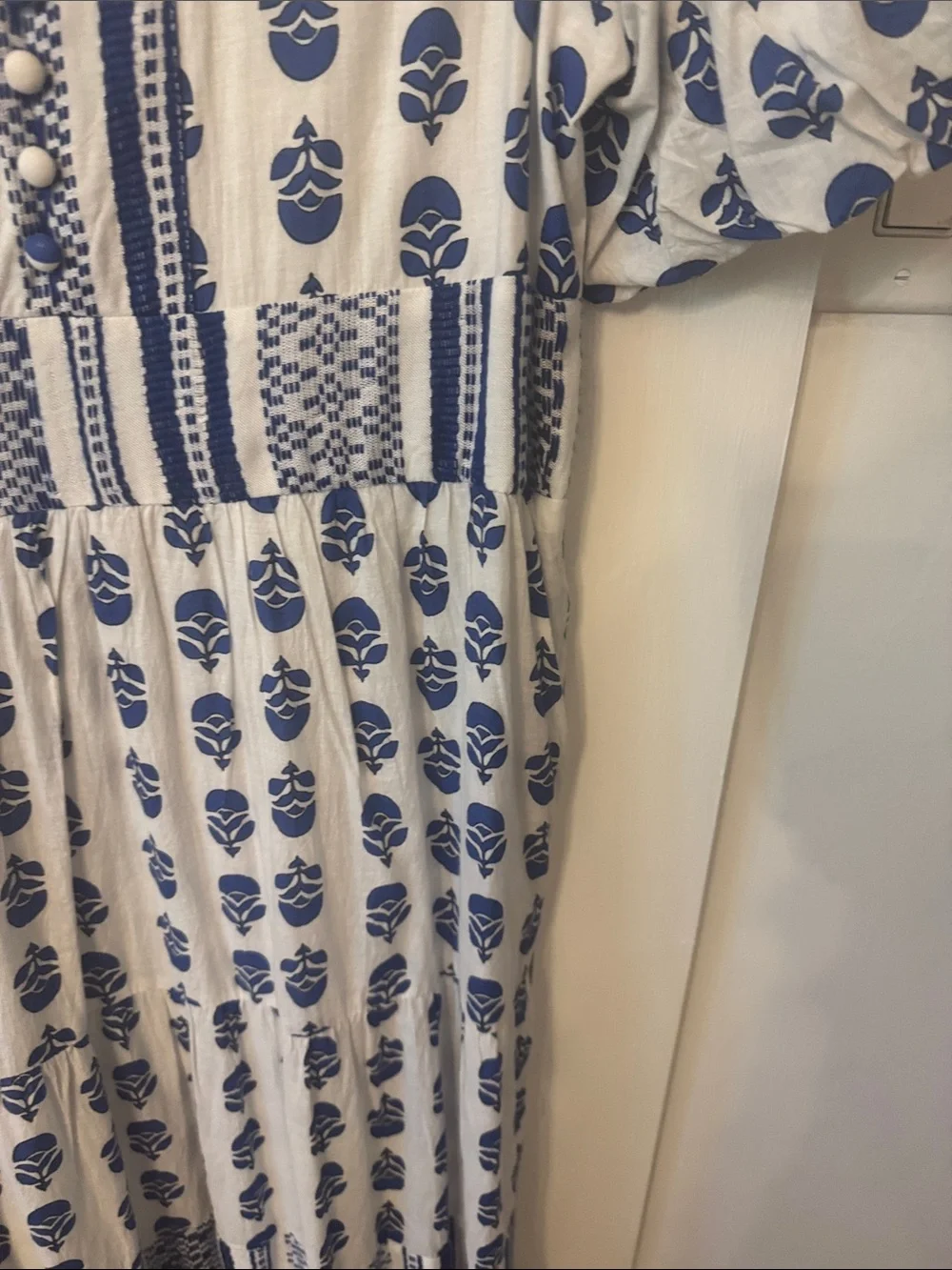 THML White Dress with Blue Floral Print and Puff Sleeves. Work once.